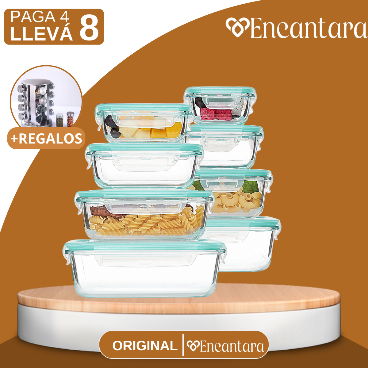 [PAGÁ 4 LLEVÁ 8] Conjunto de Recipientes de Vidrio con Tapa Antiderrame + REGALO: Porta Condimentos