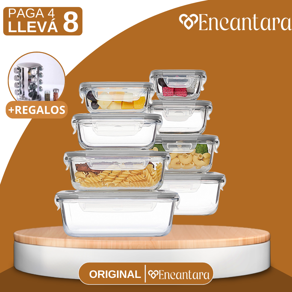 [PAGÁ 4 LLEVÁ 8] Conjunto de Recipientes de Vidrio con Tapa Antiderrame + REGALO: Porta Condimentos