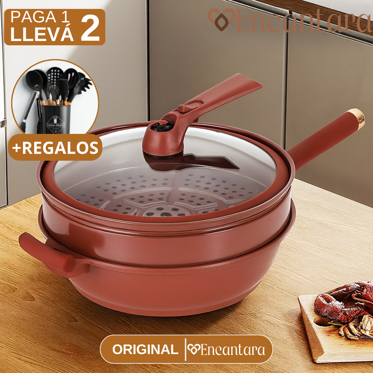 Lleva 2 Paga 1 Sartén Multifuncional de Cerámica a Prueba de Explosiones + REGALO: Kit de Utensilios
