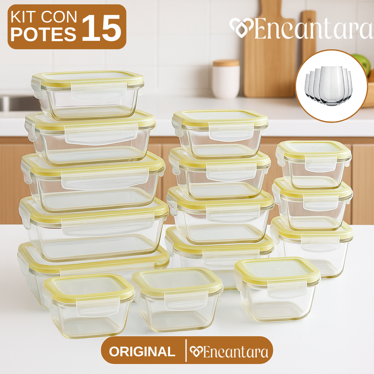 Kit de 15 Potes Herméticos de Vidrio +  Regalos: 10 Vasos de Vidrio Aruba