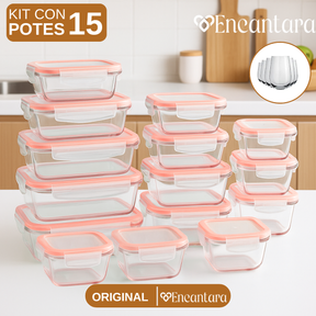 Kit de 15 Potes Herméticos de Vidrio +  Regalos: 10 Vasos de Vidrio Aruba